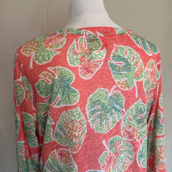 Hearts of Palm tropical print blouse embellished neck coral lime pineapple large - Picture 10 of 16